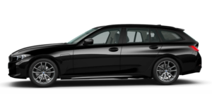 Schwarzer 3er Touring – Eleganz auf vier Rädern, perfekt inszeniert vor einem klaren, weißen Hintergrund.