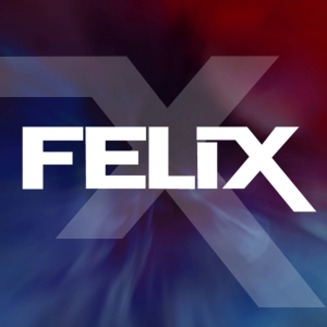 Das Bild zeigt das Wort FELIX in fetten weißen Buchstaben über einem großen, halbtransparenten X mit einem verschwommenen blauen und roten Hintergrund.