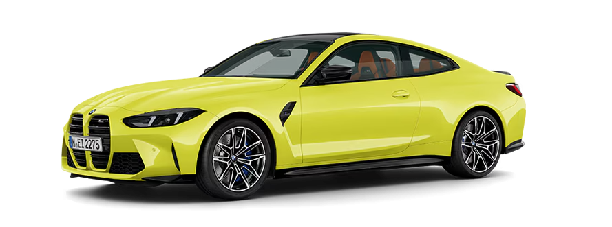 Ein leuchtend gelbes BMW Sportcoupé mit schnittigem Design, schwarzem Dach und markantem Nierengrill wird schräg auf einem schlichten weißen Hintergrund gezeigt.